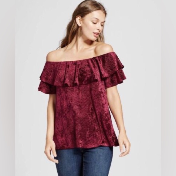 Knox Rose Tops - Knox Rose Burgundy Maroon Crushed Velvet Ruffle Off the Shoulder Top